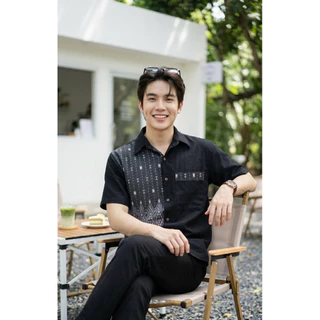 เสื้อพื้นเมืองผู้ชายคอเชิ้ต ทูโทนลายไทย