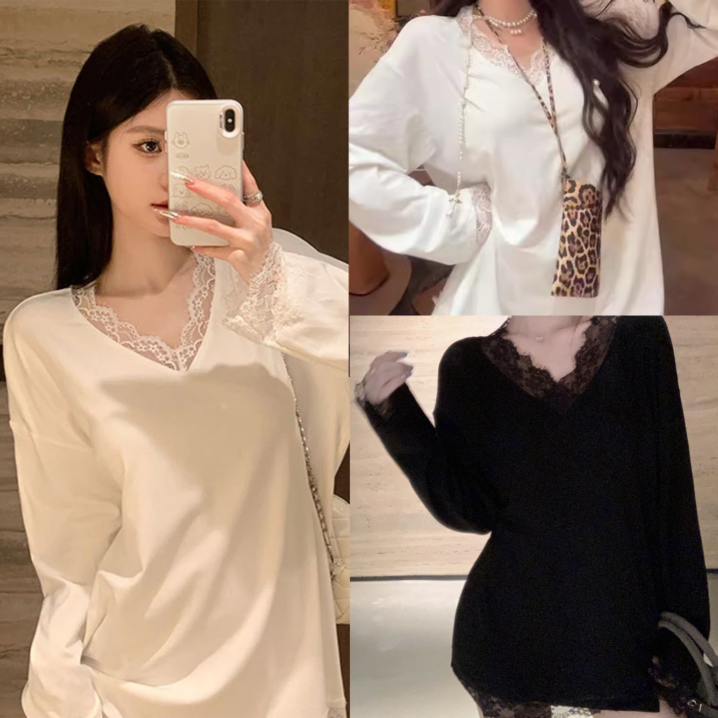 Beryl🌻 เสื้อยืดแฟชั่นผู้หญิง   เสื้อยืดสีขาวผู้หญิง สไตล์เกาหลีเรียบง่ายยาวสีขาวคอวีเย็บลูกไม้ลำลองและหลวม