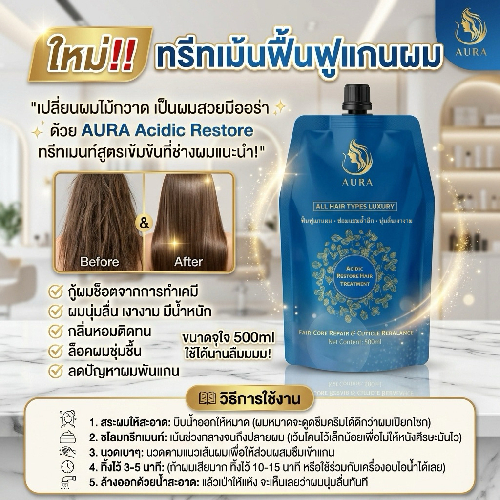 Aura ทรีทเม้นฟื้นฟูแกนผมบำรุงเส้นผมหลังสระ ราคา ถูกที่สุด ดีลบีเคเค