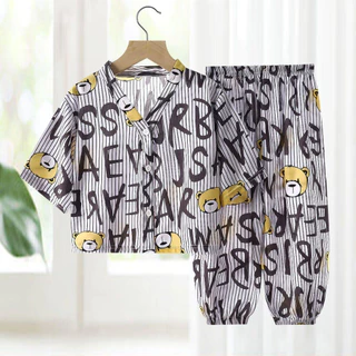 ชุดนอนผ้าไหม ผ้าฝ้ายเด็ก ชุดชายหญิงผ้าฝ้ายผ้าไหม ชุดลําลอง เสื้อผ้าเด็กสองชิ้น