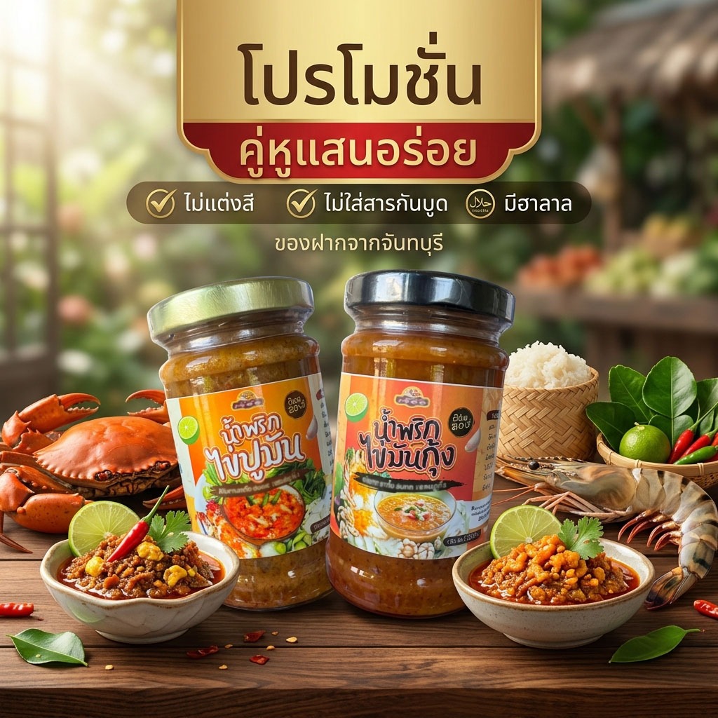 โปรแพ็คคู่ 2 กระปุก 🌶️น้ำพริกไข่มันกุ้ง+น้ำพริกไข่ปูมัน มีฮาลาล รสชาติดีแซ่บนัว เผ็ดกำลังดีกินกับอะไรก็อร่อย ขนาด 120 g🌶