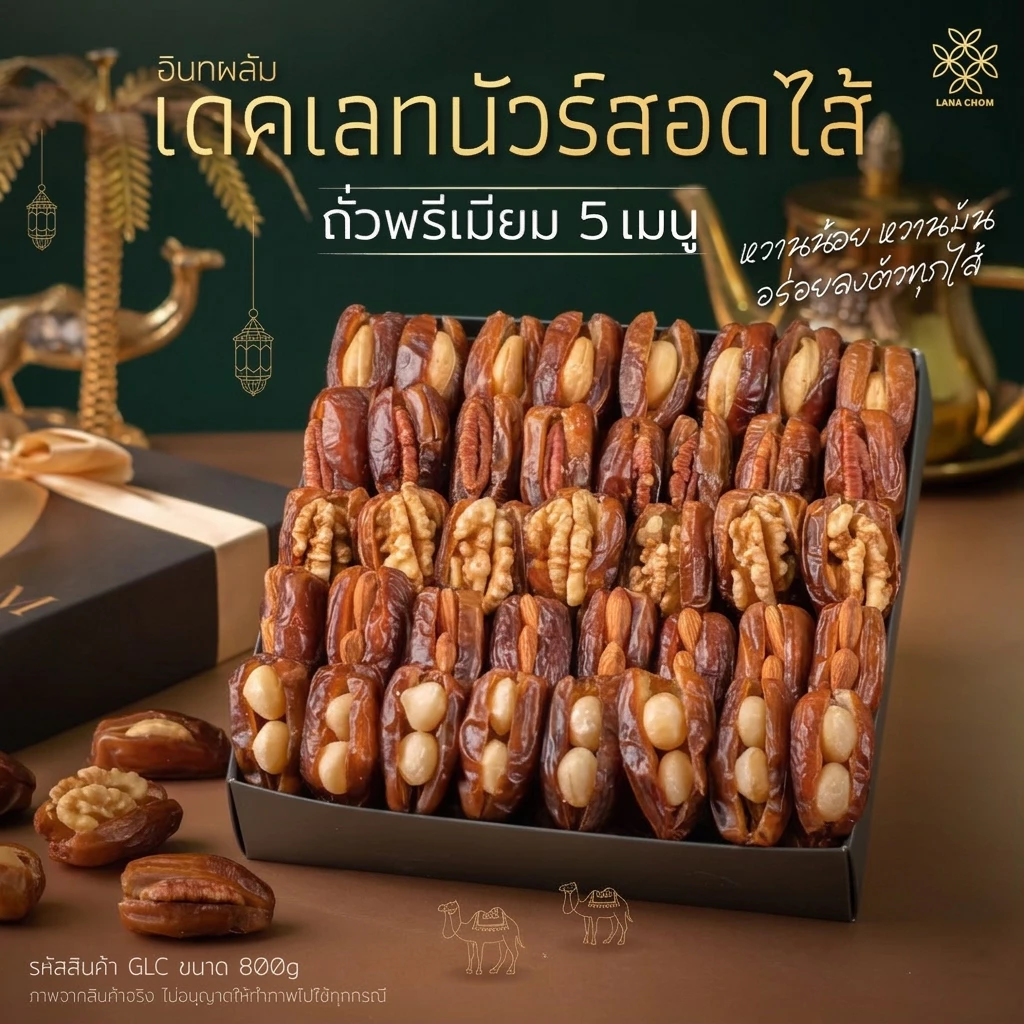 อินทผลัมเดทเลทนัวร์ สอดไส้ถั่วพรีเมียม 5 เมนู ขนาด 800g [LANA CHOM] อินทผลัมสอดไส้