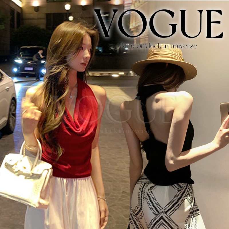 Vogue🌟พร้อมส่ง🌟 เสื้อคล้องคอเสื้อตกเปิดหลัง ดีเทลผ้าลูกไม้ด้านหลัง เสริมฟองน้ำ (FY10188)