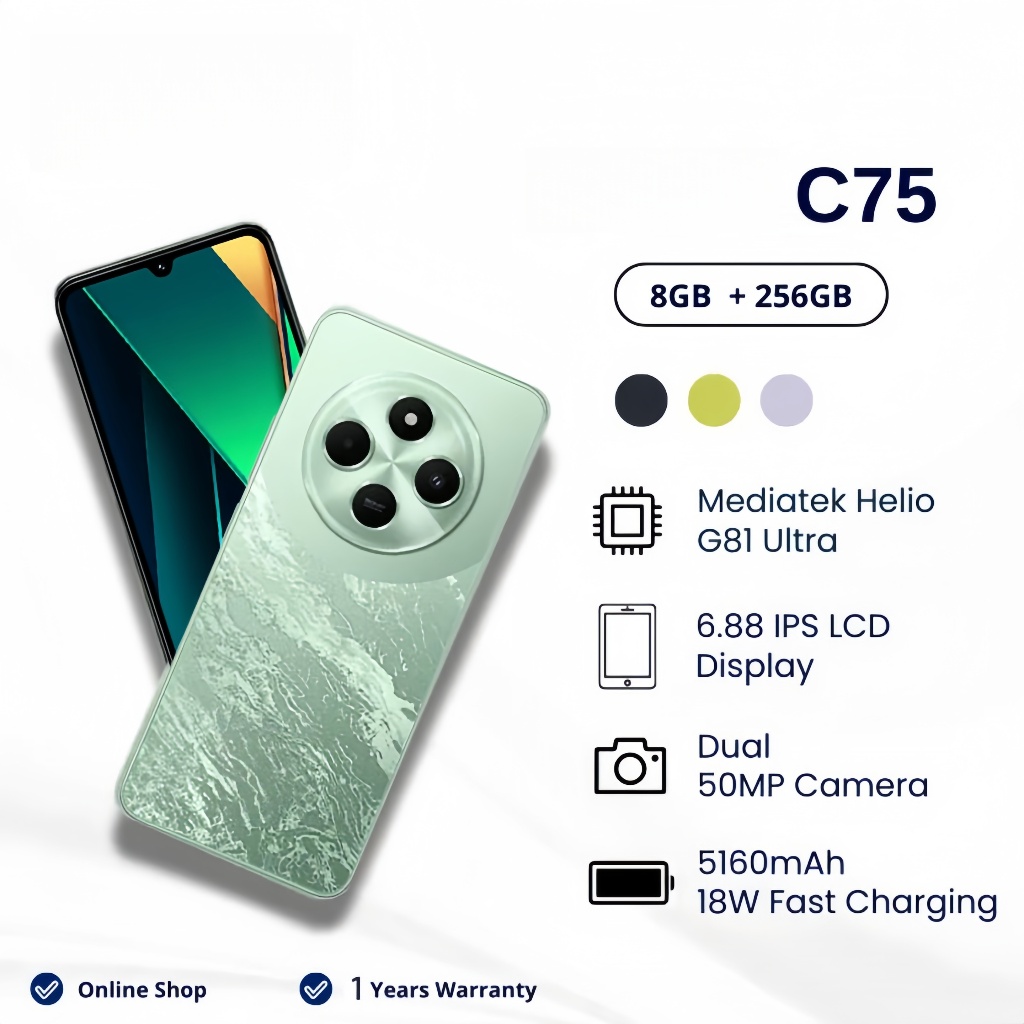 C65/C75 8GB+256GB HD+ขนาด 6.74 นิ้ว 90Hz รองรับ 2 ซิมการ์ด 5,000 mAhแบตเตอรี่ขนาดใหญ่ 18W