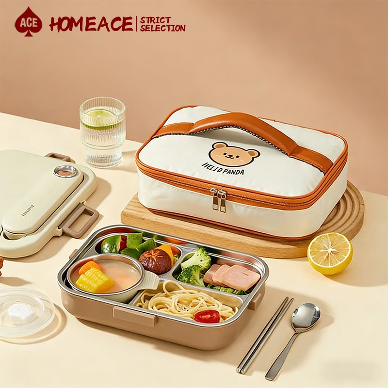 HOME ACEกล่องอาหารกลางวันสแตนเลส กล่องอาหารกลางวัน นักเรียน กล่องอาหารกลางวันน่ารัก พร้อมช้อน ตะเกียบ และชามซุป