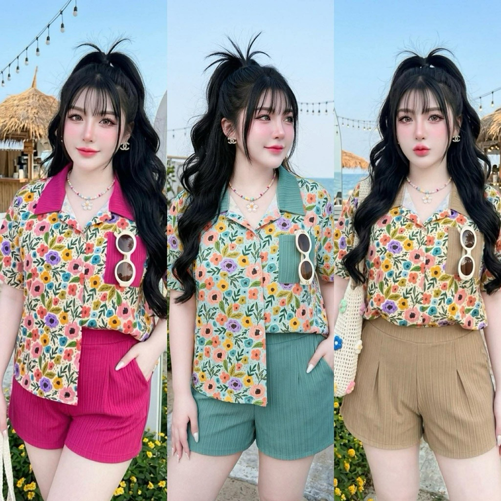 ชุดเซ็ทขาสั้นลายดอกสงกรานต์ เสื้อเชิ้ต+กางเกง ไซส์ใหญ่สำหรับสาวอวบอ้วน