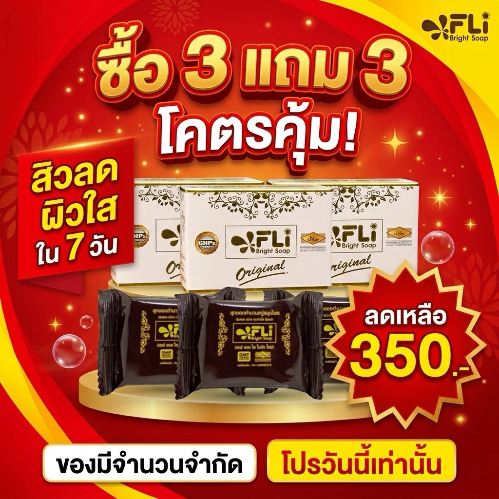 สบู่FLi Bright Soap ของแท้ 3+3 ก้อน เพียง 350.- สบู่ลดสิว ผด ฝ้า กระจาง ผิวกระจ่างใส ลดผด ผื่นคัน พร้อมส่ง