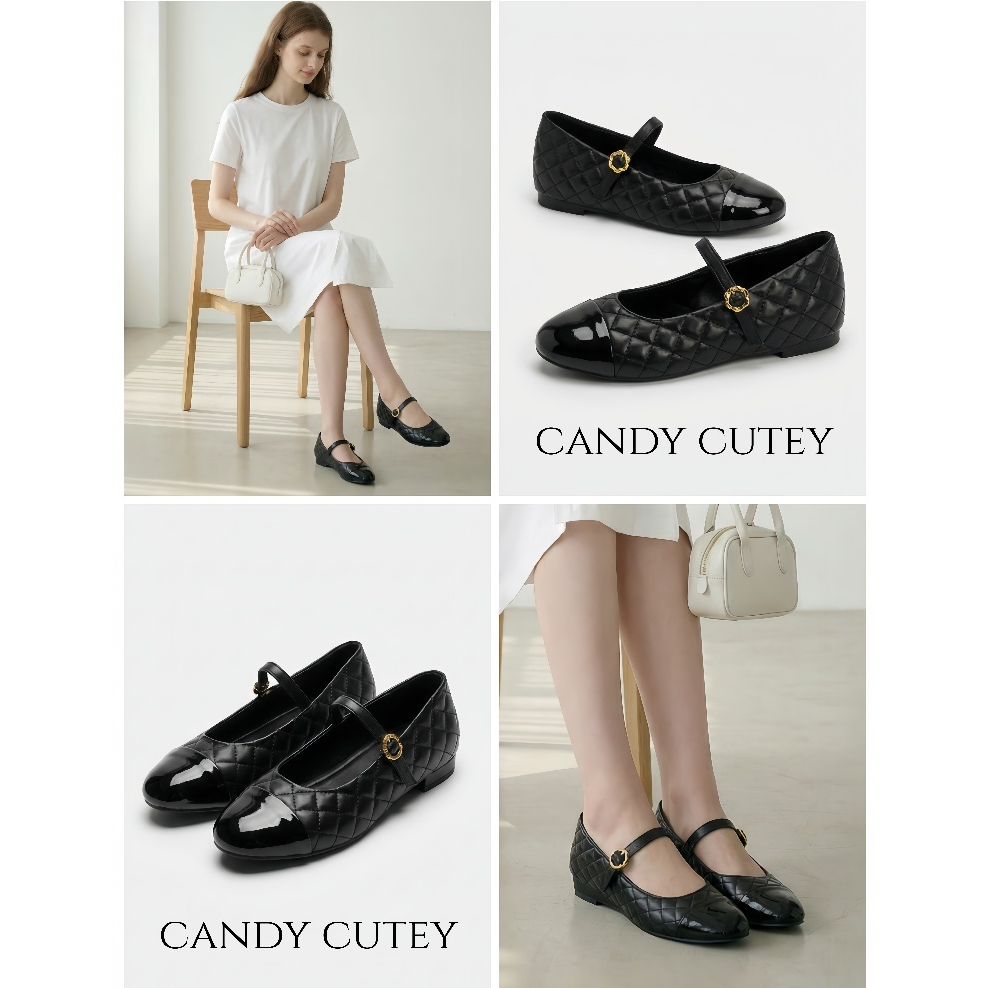 Candy Cutey รองเท้าแมรี่เจนตาราง โดดเด่นด้วยหนังเงาปลายเท้า แวววาว เพิ่มความน่ารักด้วยสายคาดหน้าเท้าที่ปรับระดับได้