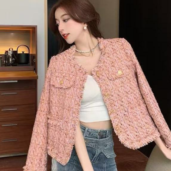 🔥BEST SELLER!  สีชมพู ลายทอ สไตล์ชานล์ เสื้อเบลเซอร์ครอป หรูหรา blazer สาวอวบใส่สวย  ใส่ทำงาน เสื้อหมีบาง cuaaaaa😜
