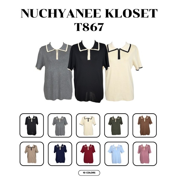 (T867)เสื้อไหมพรมสีพื้นคอปกซิปรูดทางเกาหลี