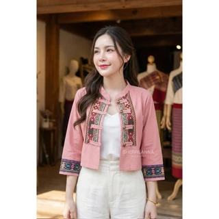 เสื้อคลุมผ้าฝ้ายคอจีนกระดุมหน้าแต่งผ้าทอ