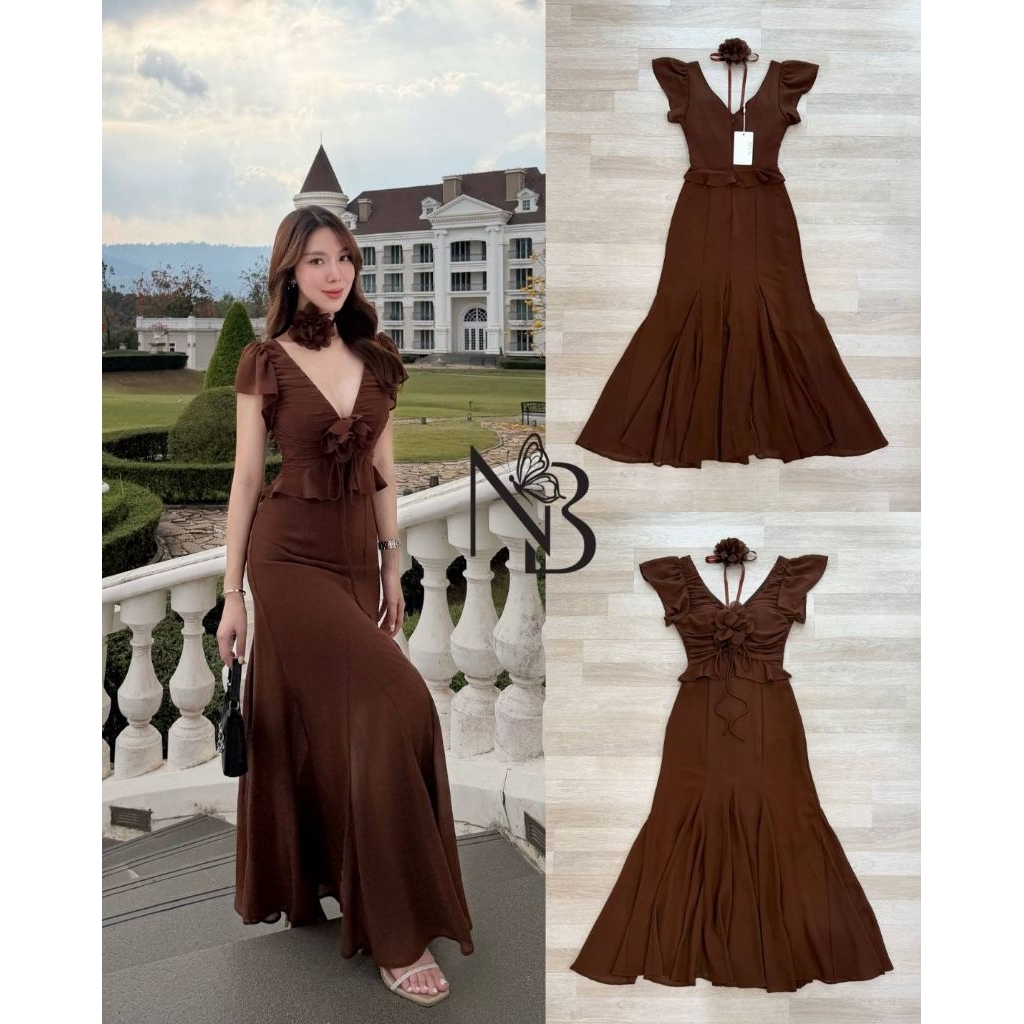 S M L มือ1 NABI BRAND เดรสยาวใส่ออกงานสีน้ำตาลเข้ม มีเข็มกลัดดอกและโช๊คเกอร์คอ ใส่สวยสุดๆ ป้าย NABI 