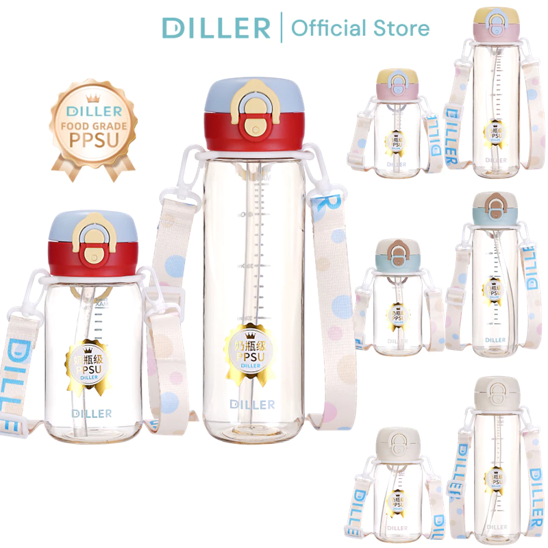 ขวดน้ํา Diller PPSU ป้องกันความร้อน 180℃, BPA-Free, Dual Head, Leakproof, 380/520ml D2606