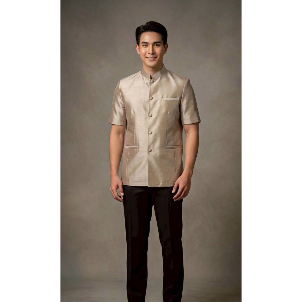 เสื้อผู้ชายไหมสี่เส้นแขนสั้นคอจีนมีกระเป๋า (M16/M18) รูปที่ 8