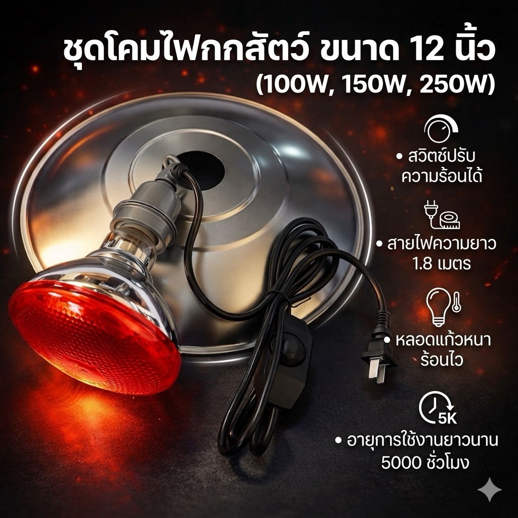 ชุดโคมไฟอินฟราเรด 100W/150W/250W พร้อมขั้วเซรามิกต่อสายยาว1.8เมตร สำหรับกกไก่ กกหมู นก โคมไฟกกสัตว์
