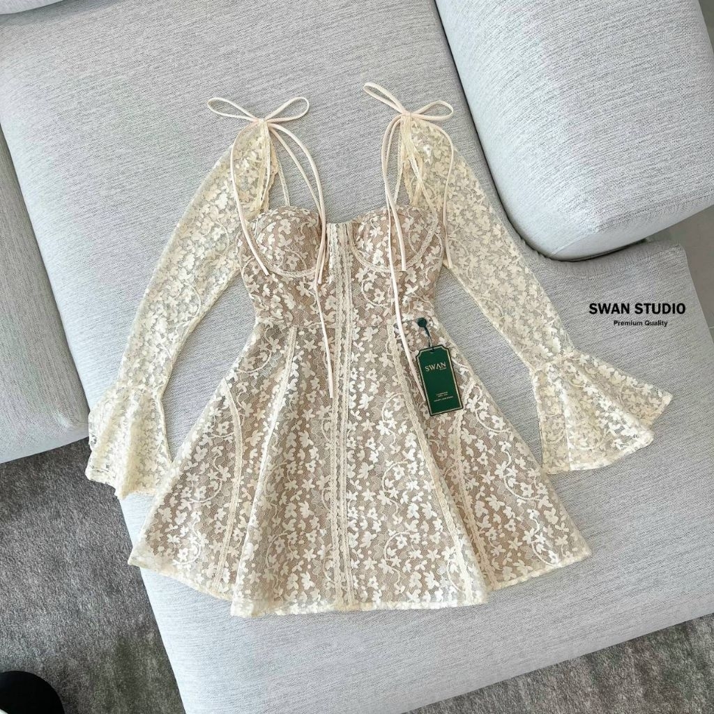 S M มือ1 SWAN มินิเดรสผ้าลูกไม้สีครีม แขนยาวบาน รูปที่ 2