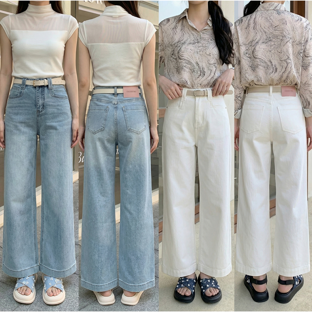CHERRYMU รุ่น CV76 ยีนส์ป้ายชมพู กางเกงยีนส์ขายาว กางเกงขากระบอก (แถมเข็มขัด) ผ้านุ่มเด้ง
