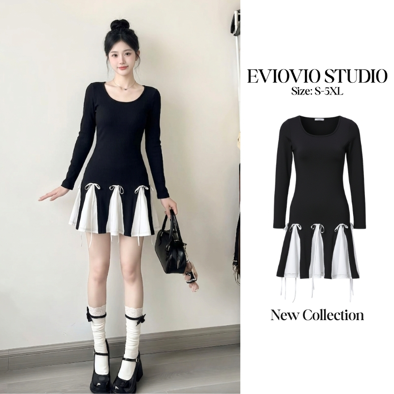EVIOVIO【S-5XL】มินิเดรสลุคคุณหนูเกาหลีโทนสีคลาสสิก Black & White ดีเทลโบว์จิ๋วรอบตัว ชุดไปทำงาน เดรสสาวอวบ ชุดไปคาเฟ่💞