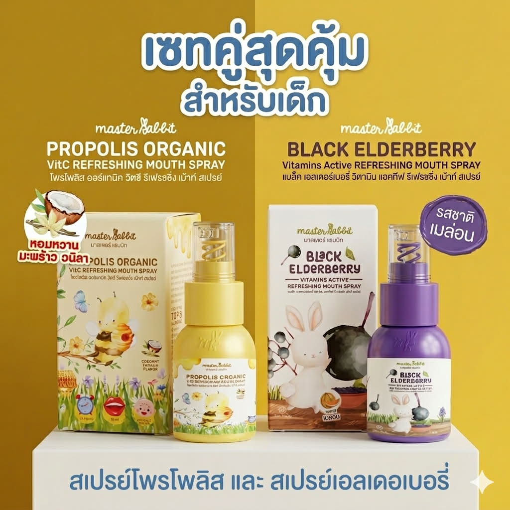(ส่งด่วน/ส่งทันที🔥) โพรโพลิส สเปรย์พ่นคอ Master Rabbit Propolis แบล็กเอลเดอร์เบอร์รี่ Black Elderber