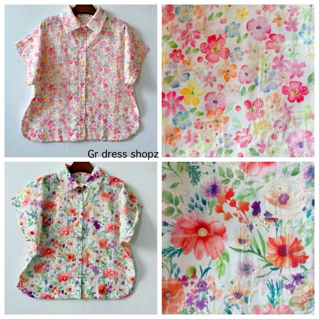 ป้าย June เสื้อเชิ้ตแขนสั้นผ้าคอตตอนปักฉลุลายทั้งตัวทรงแขนล้ำ อก 44 นิ้ว ยาว 22 นิ้ว