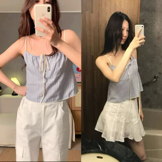 STR พร้อมส่ง❄️🫐เสื้อสายเดี่ยวลายทาง เสียครอป มีกระดุมหน้าเชือกรูดได้ ทรงสวยแมทง่าย สไตล์มินิมอล ลำลอง แฟชั่นสาวเกาหลี