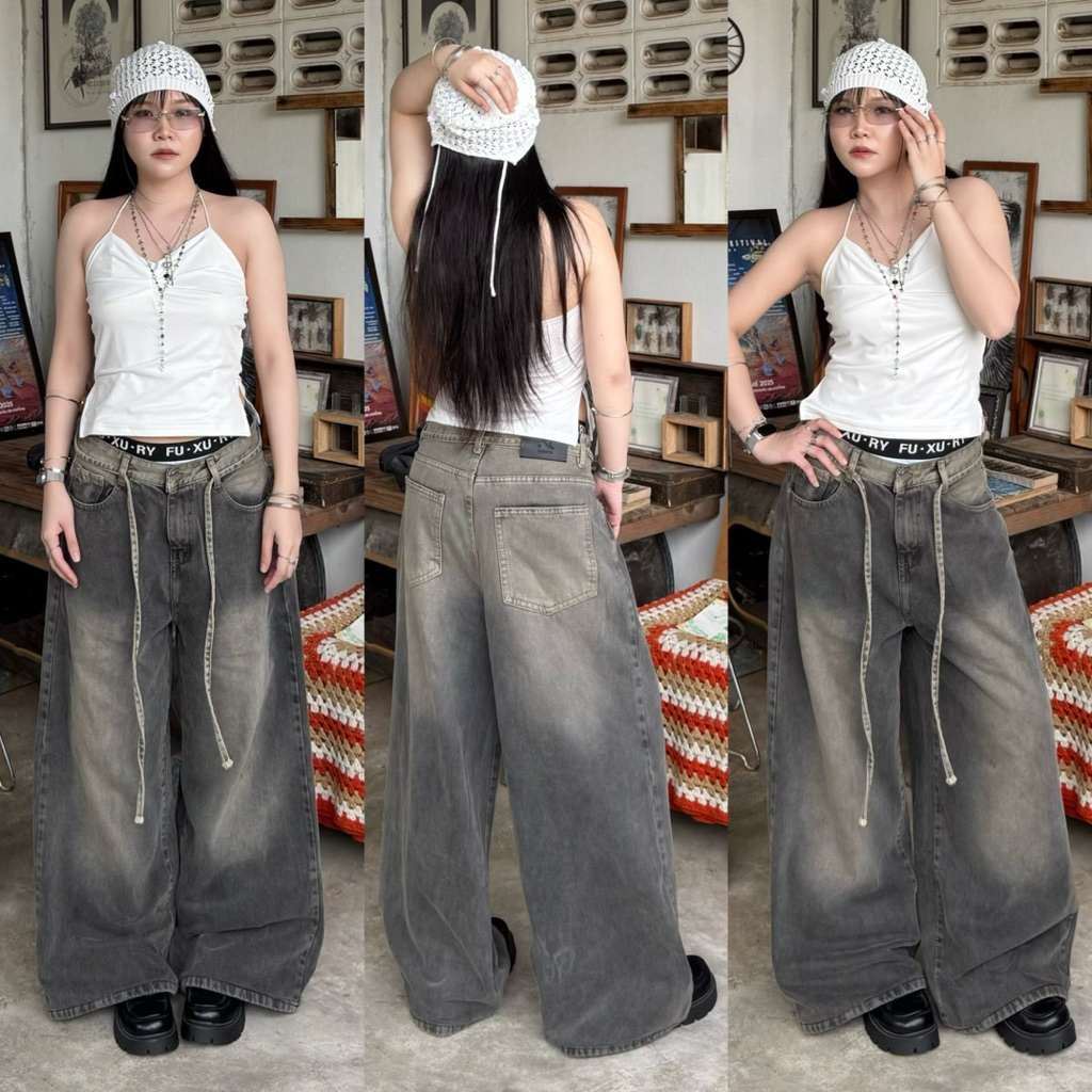 Neko jeans ยีนส์กระบอกใหญ่ [มีเชือกแถม] ช/ญ ใส่ได้