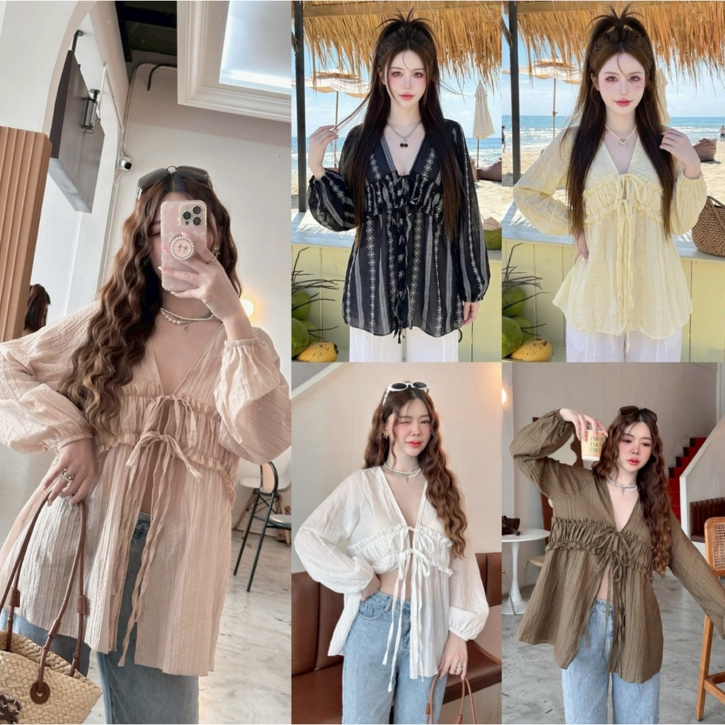 เสื้อแขนยาว Sheeny WINNIE คอวีจับอกผูกโบว์ พรางหุ่นสวยสำหรับสาวอวบ