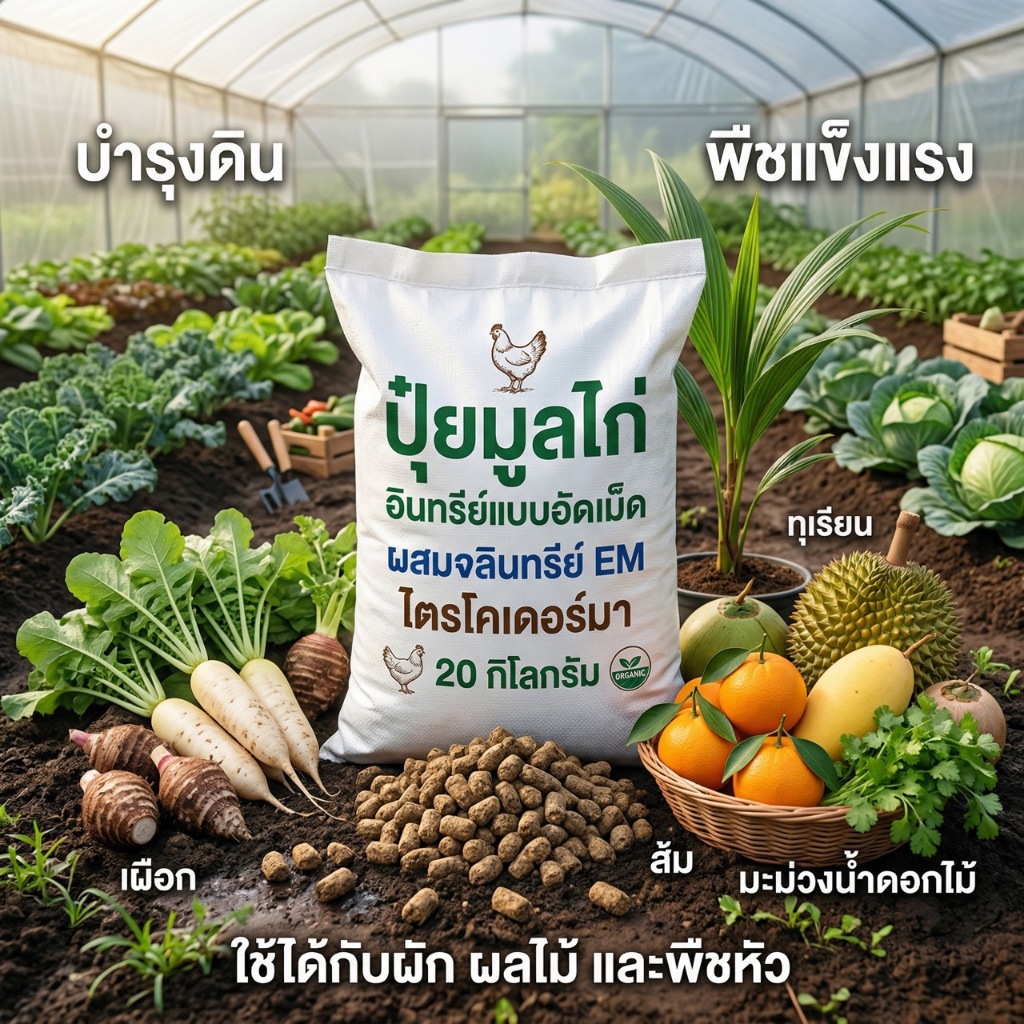ปุ๋ยอินทรีย์มูลไก่อัดเม็ดผสมจุลินทรีย์ EM ไตรโคเดอร์มา ปุ๋ยธรรมชาติ บำรุงดิน ใช้ได้กับผักและผลไม้ กระสอบ 20 กิโลกรัม