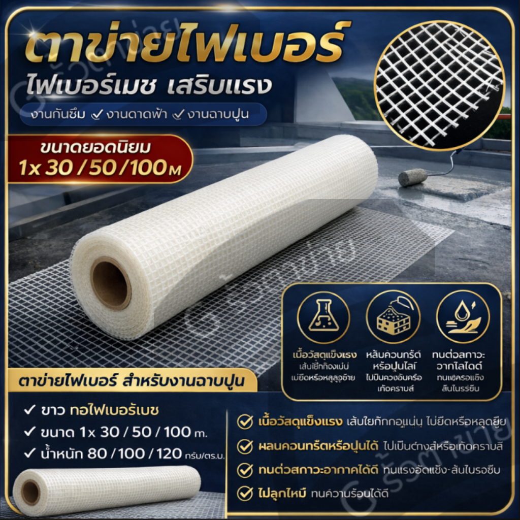 ตาข่ายไฟเบอร์กลาส ทนด่าง 80-120กรัม/ตร.ม. กว้าง1ม. ยาว30-100ม. ใช้กับฉาบปูนและโฟมกันความร้อน