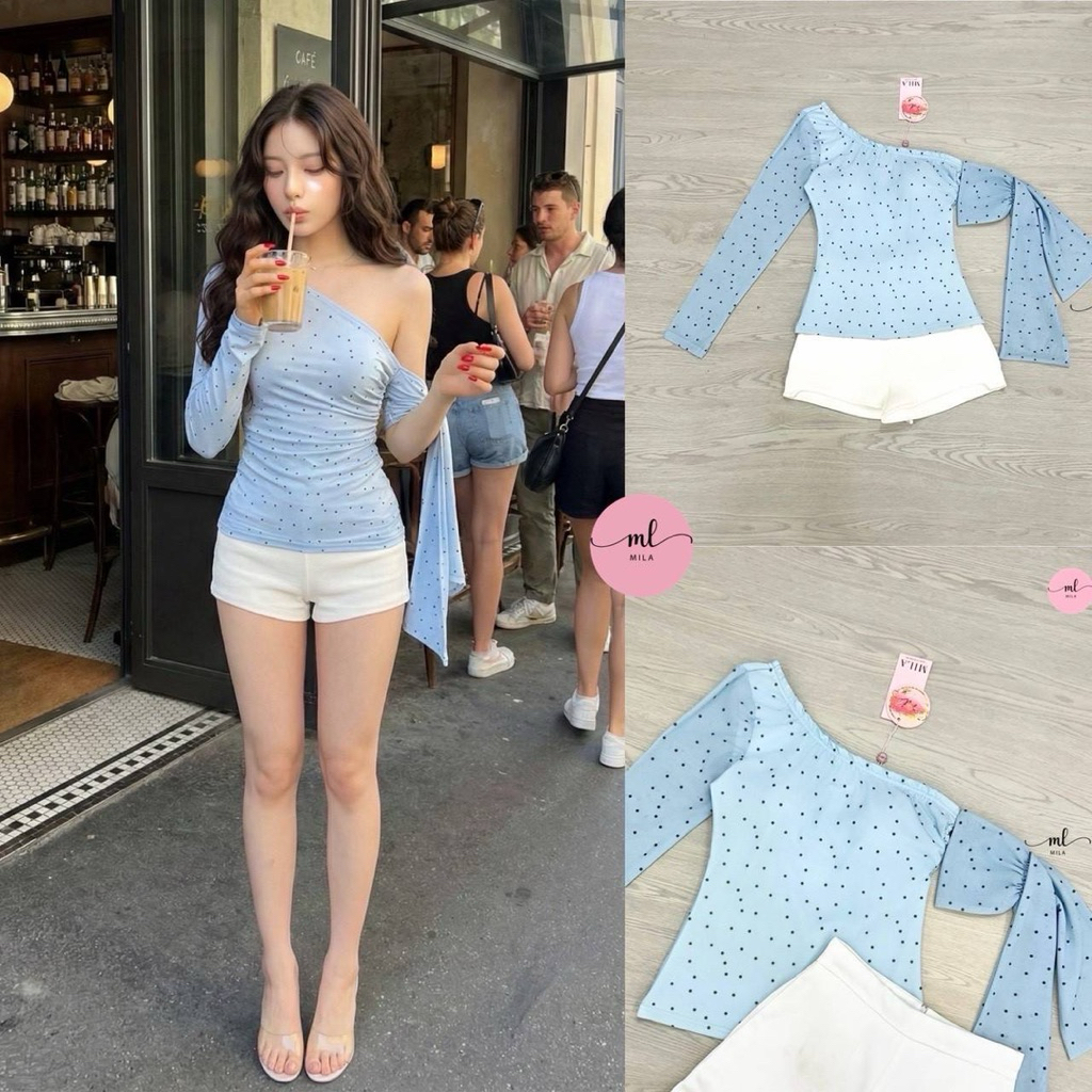 M L มือ1 MILA ชุดเซ็ตเสื้อแขนเบี่ยงลายจุดสีฟ้า มาพร้อมกางเกงขาสั้นสีขาว ใส่สวยน่ารักสุดๆ ป้าย MILA