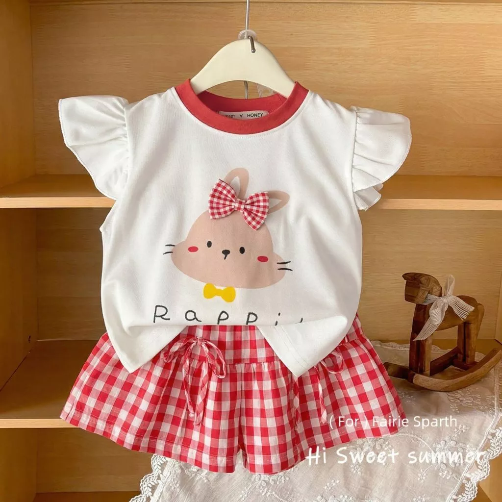 MooDeng Baby ชุดเซต เด็กหญิง แขนระบบาย ลายกระต่าย คอกลม กางเกงขาสั้น ลายสก๊อต thumbnail 5