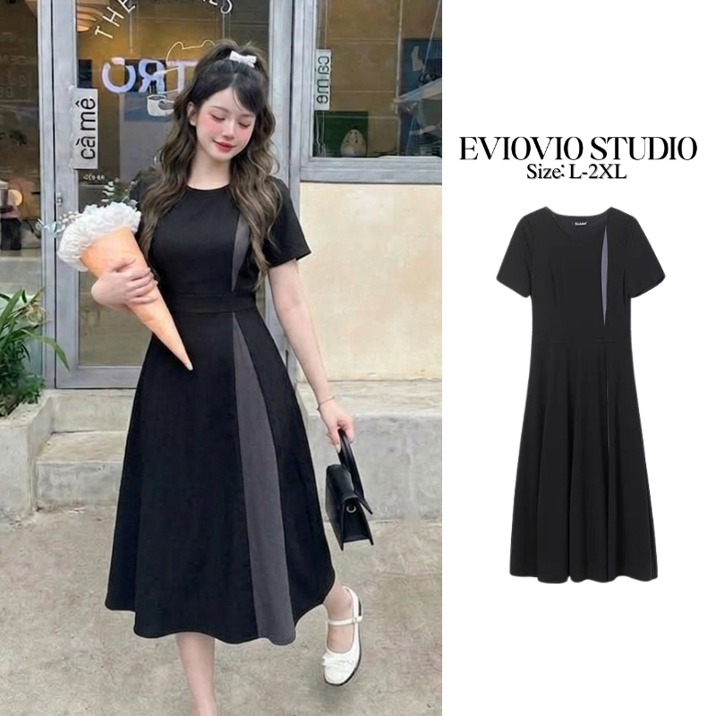 【EVIOVIO】L-XXL🥰ชุดเดรสคอกลมแขนสั้น A-Line แถบสีเทาพรางหุ่นทูโทน  ชุดสุภาพ ชุดทำงาน สไตล์เกาหลี เสื้อผ้าผู้หญิง พร้อมส่ง💨