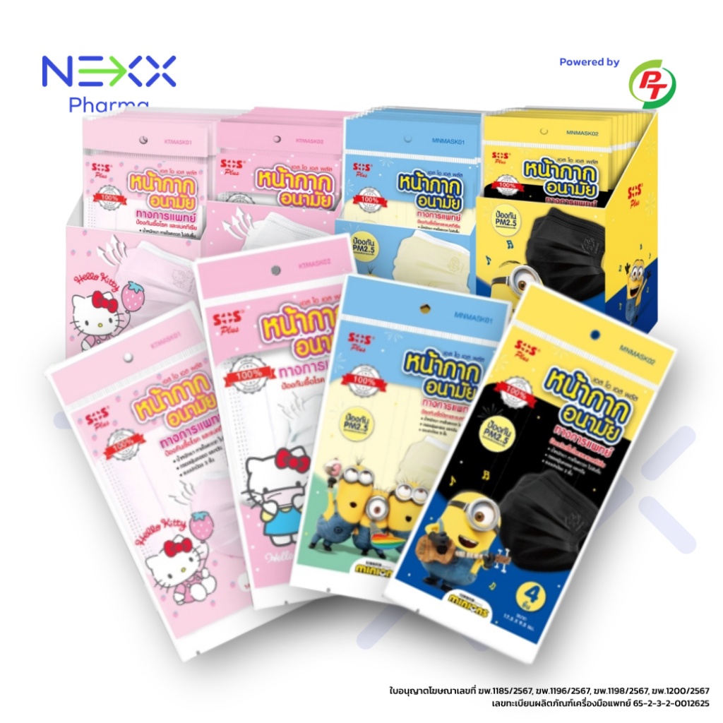 [ยกกล่อง] SOS Plus Disposable Face Mask หน้ากากอนามัย ลายการ์ตูน Hello Kitty/Minions 4 ชิ้น x 12 ซอง