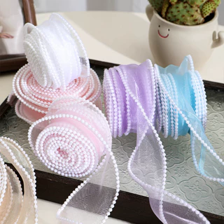ริบบิ้นผ้าโปร่งขอบมุก กว้าง 4cm ยาว5 หลา ริบบิ้นขอบมุก ริบบิ้นตกแต่งเค้ก DIY ริบบิ้นตกแต่งดอกไม้