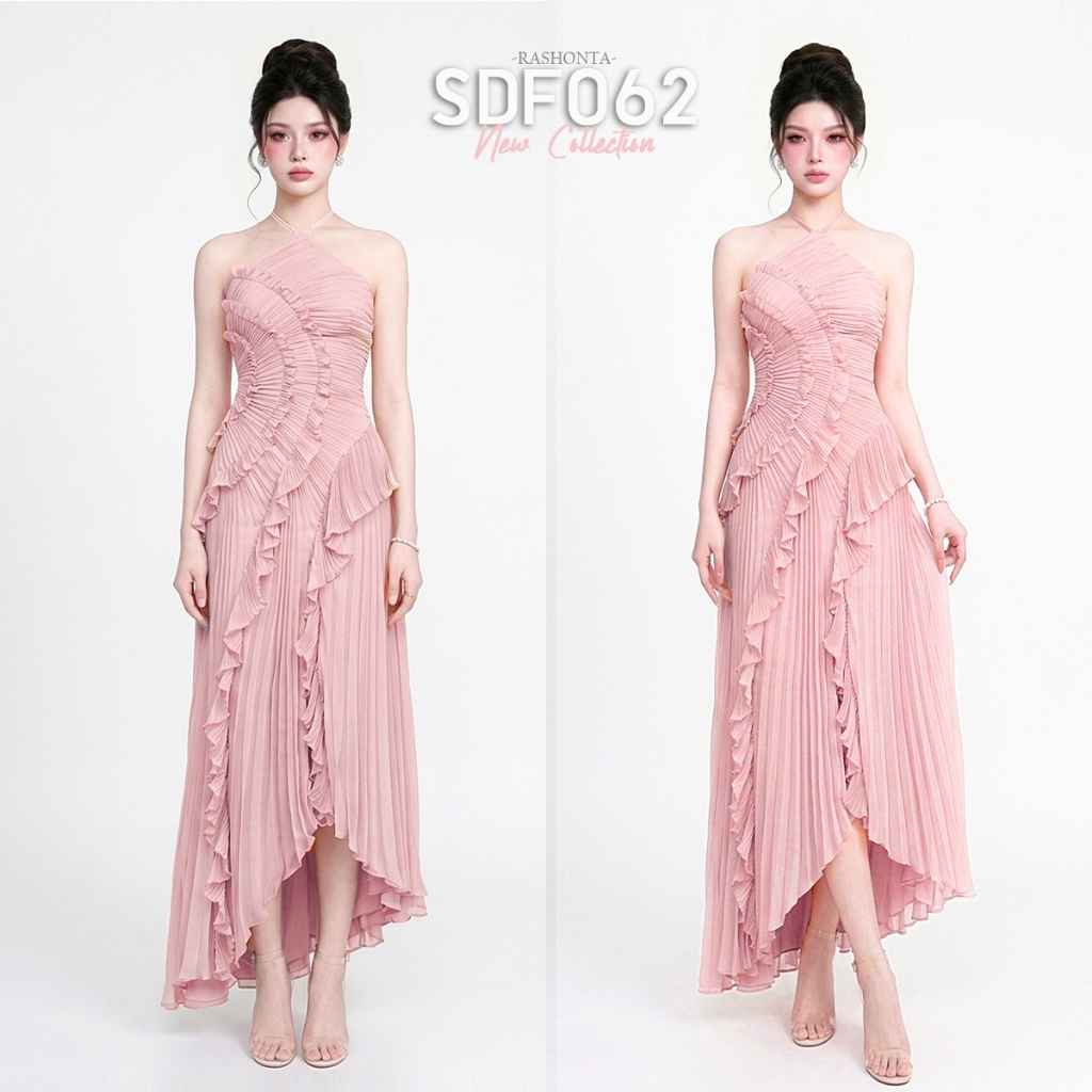 SDF062 : ชุดเดรสยาว คล้องคอ แต่งจีบระบาย