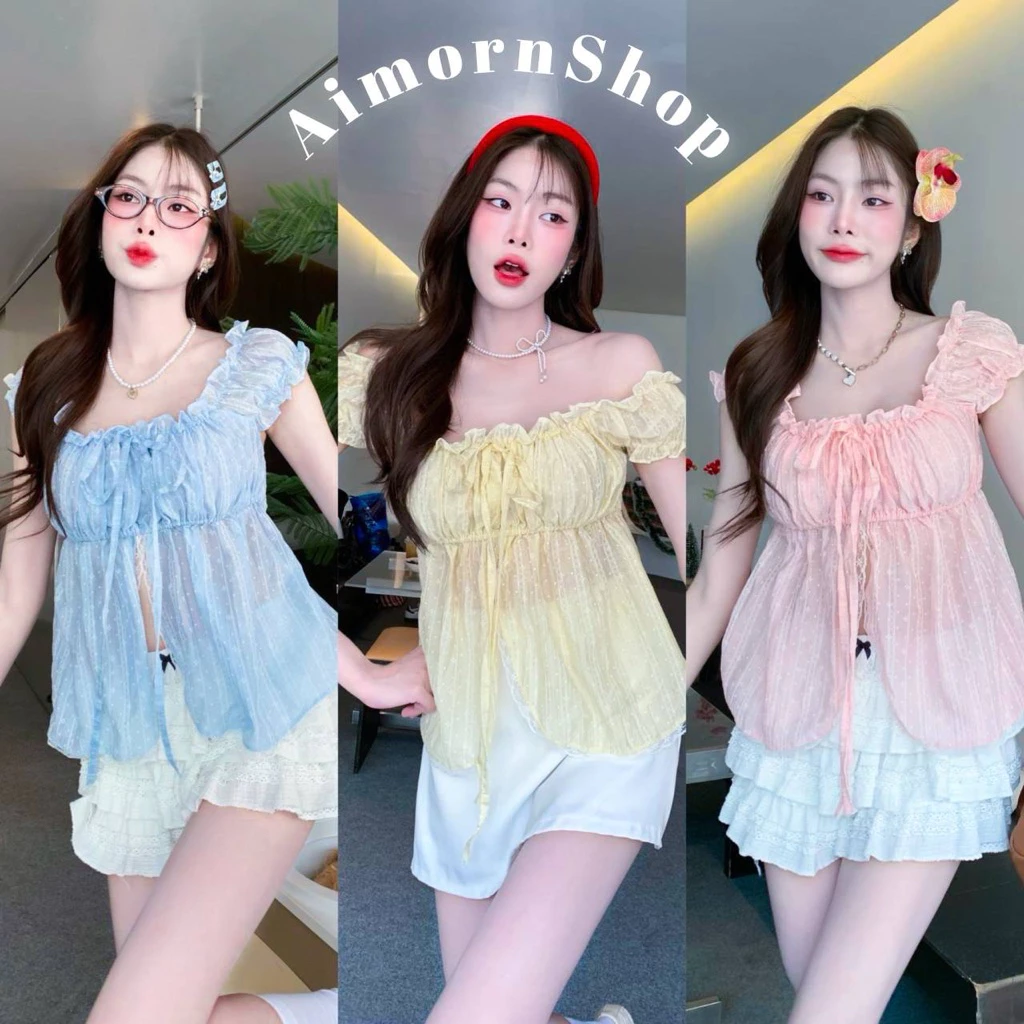 🔥aimorn_shop 🔥เสื้อสม็อคแขนตุ๊กตา ใส่ขึ้นไหล่ หรือปาดไหล่ได้ ผูกโบว์น่ารักๆด้านหน้าแหวก แต่งขอบลูกไม้สวยมาก