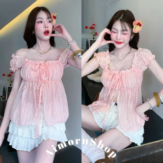 🔥aimorn_shop 🔥เสื้อสม็อคแขนตุ๊กตา ใส่ขึ้นไหล่ หรือปาดไหล่ได้ ผูกโบว์น่ารักๆด้านหน้าแหวก แต่งขอบลูกไม้สวยมาก
