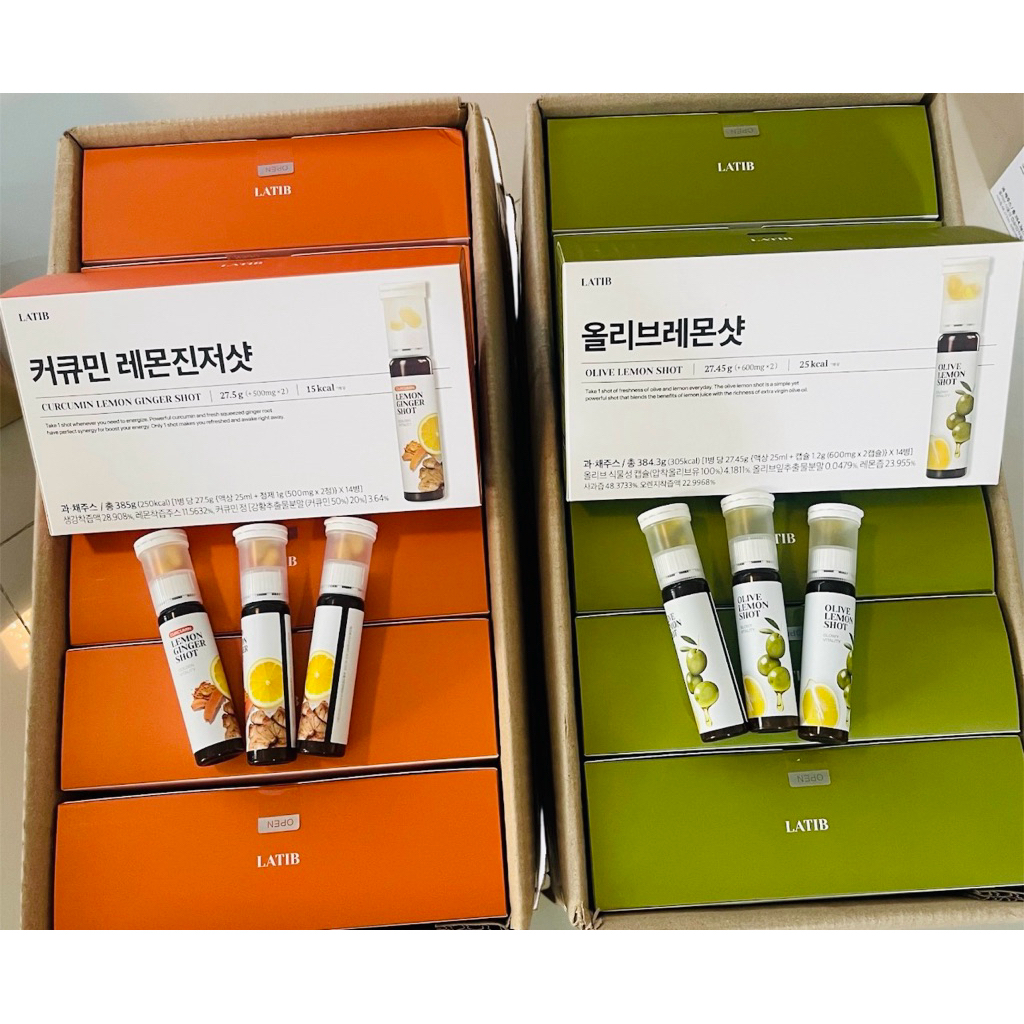 พร้อมส่ง💢[LATIB] Olive Lemon Shot Ginger shot25ml💯🇰🇷 ชุด แคปซูลน้ํามันมะกอก+เลมอนช็อต ขิงช็อต 1กล่อง14ขวด