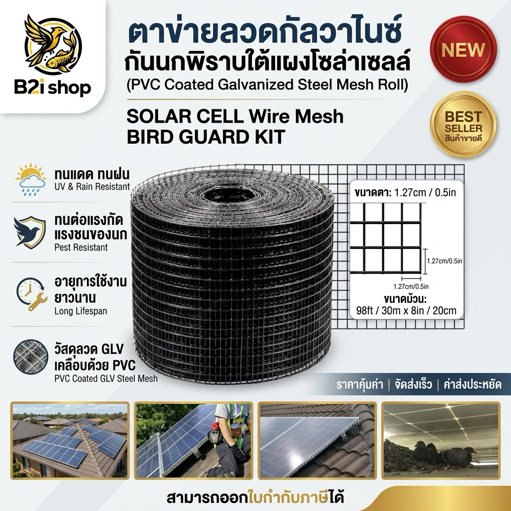 ตะแกรงกันนก BIRD GUARD 30เมตร แผงโซลล่าเซลล์ ใต้แผงโซล่าเซล กว้าง 8 นิ้วยาว 30เมตร solar cell นกพิราบ ตาข่ายกันนก ไล่นก
