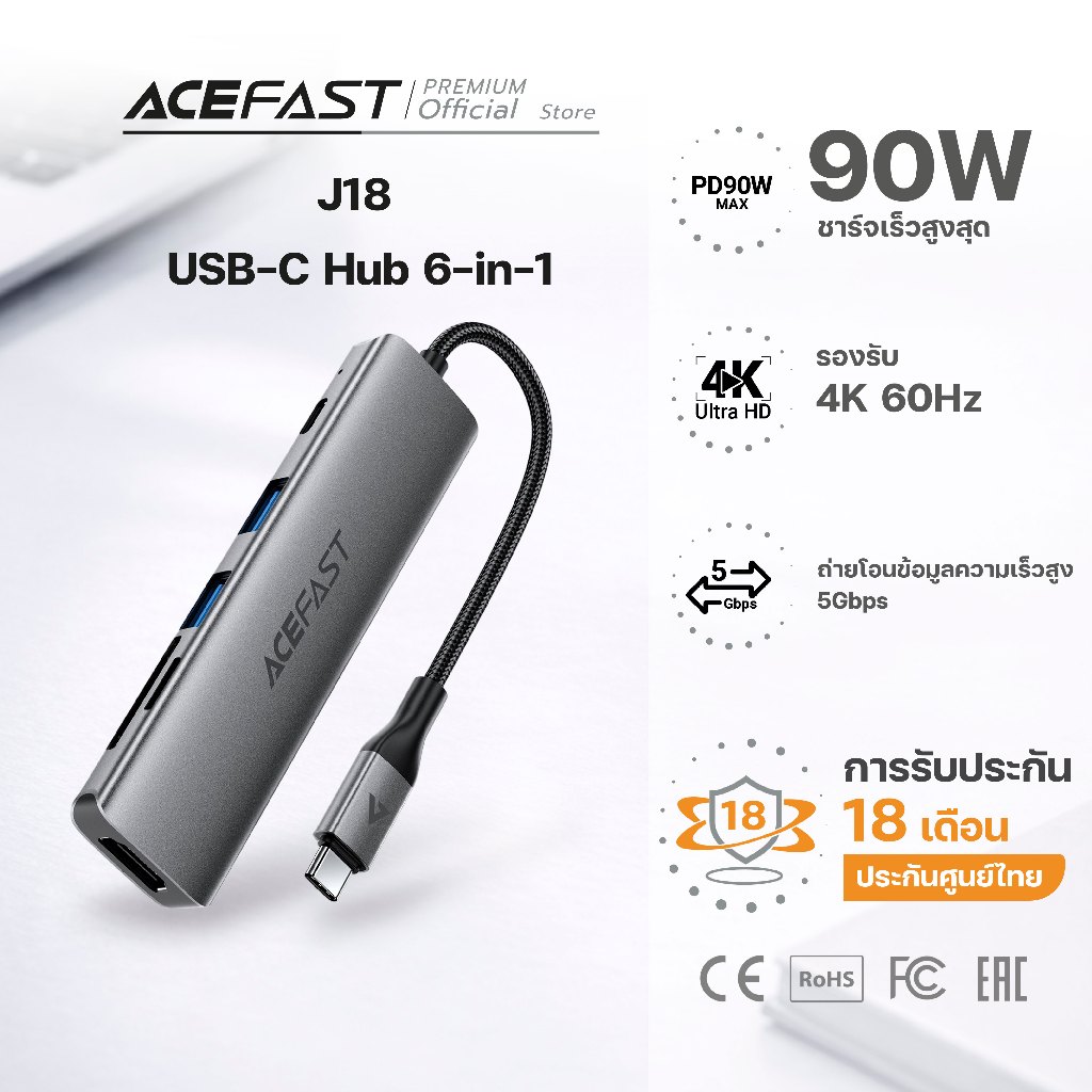 Acefast J18 USB-C ฮับ 6-in-1 HDMI 4K PD90W USB3.0 SD TF Docking Station สำหรับ MacBook / Laptop