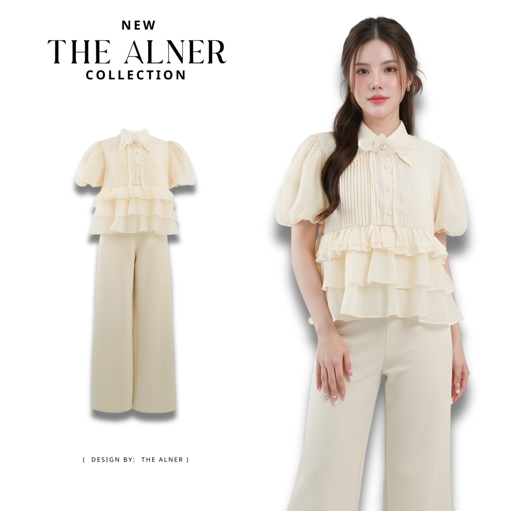 Thealner-AN098 (เซตเสื้อครีมแขนตุ๊กตากางเกงขายาว)