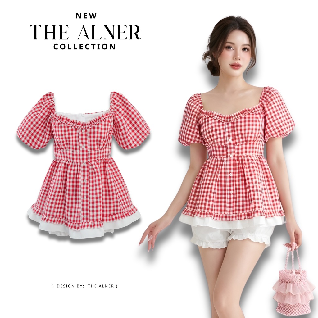 Thealner-AN463 (เซ็ตเสื้อสก็อตแดงแขนตุ๊กตา กก.ขาสั้น)
