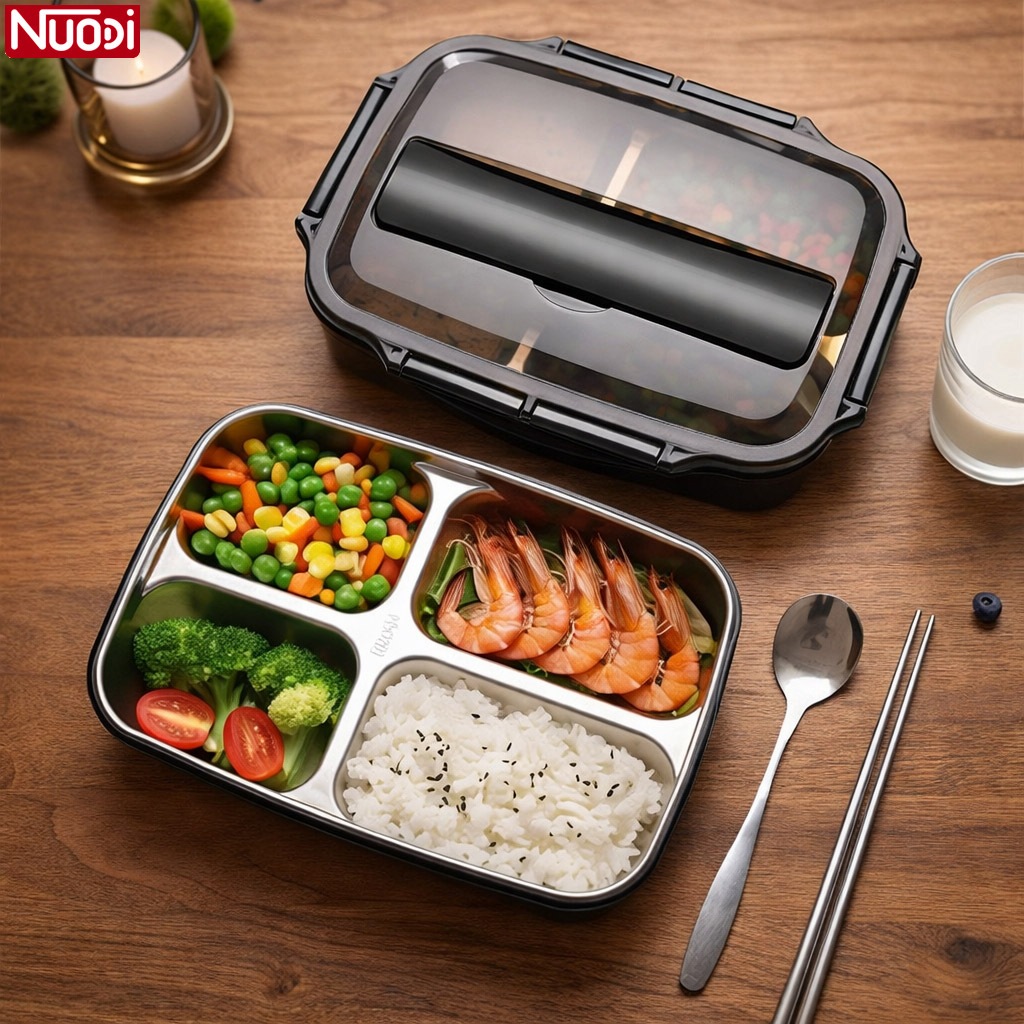 Nuodi กล่องข้าว 4 ช่อง เข้าไมโครเวฟได้ กล่องอาหารกลางวัน ฝาล็อคแน่น ด้านในเป็นสแตนเลส กล่องถนอมอาหา (ขนาดใหญ่)