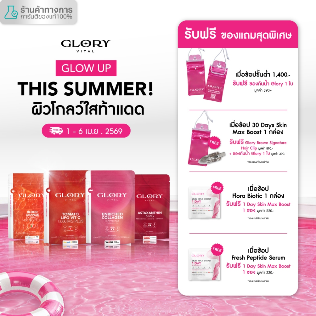 Glory เซ็ตรวมวิตามิน วิตามินดริปผิว กลอรี่คอลลาเจน วิตามินซีมะเขือเทศ สารสกัดส้มสีเลือด และแอสต้าแซน