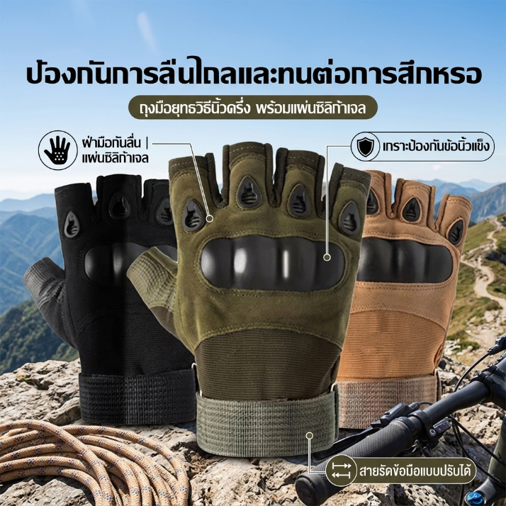 ถุงมือแนวทหารขี่มอเตอร์ไซต์ ครึ่งนิ้ว เกรดเอ แนวทหาร สินค้าพร้อมส่งถุงมือ กันลื่น ที่ทนทาน