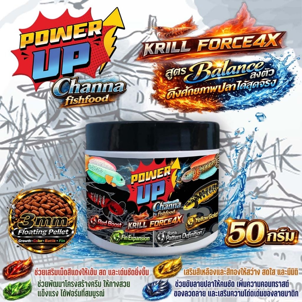 PowerUp Channa อาหารปลาช่อน สูตร Premium ครบจบ เร่งสีแดง เหลือง น้ำเงินคมชัด  เน้นดอก•บาติก เน้นฟิน•ฟอร์มแน่น