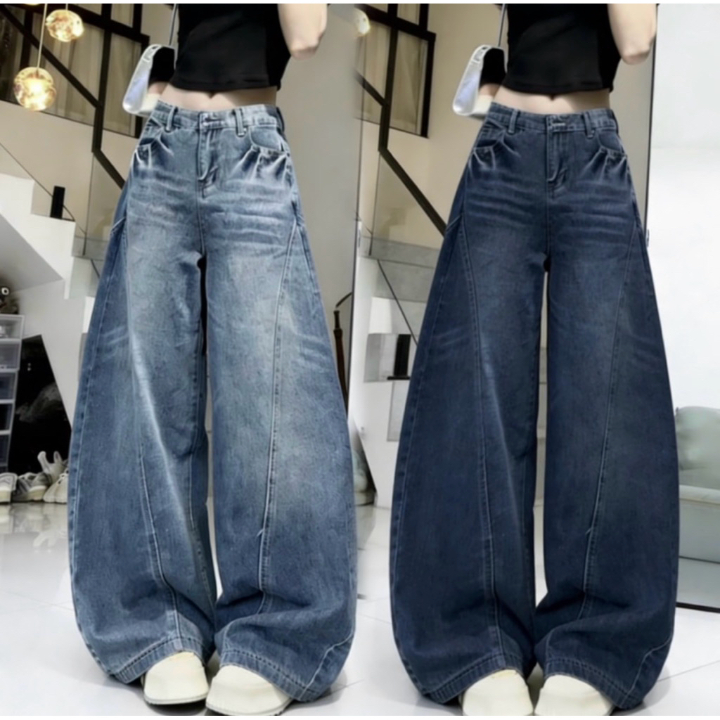 มีไซส์ S-3XL กางเกงยีนส์ขากว้างเอวสูงล้างสีวินเทจด้วยเส้นตัดคอนทราสต์ 2269/2270#