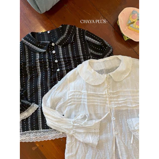 LindaaPlus-- เสื้อแขนยาวคอบัวลายจุดสาวอวบอ้วน 🤍🖤 เนื้อผ้าโรซี่ ลายจุดเล็กๆ ใส่สบาย ไม่ร้อน🍃 มี2สีนะคะ