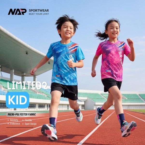 เสื้อกีฬาเด็ก เสื้อเด็ก แขนสั้น ผ้าไมโครพิมพ์ลาย NAP LIMITED2 For KID size 28"-36" made in Thailand