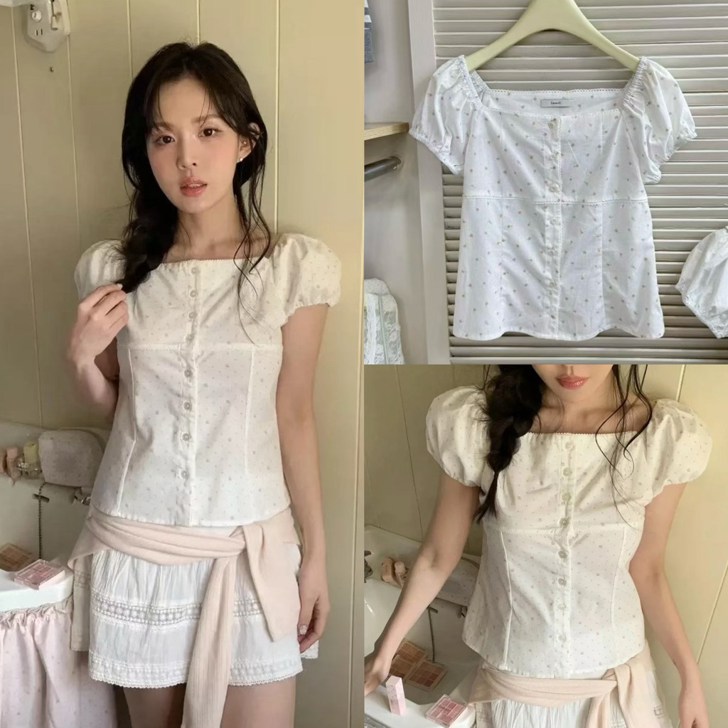 Somedays | 🇰🇷Linlin Top เสื้อแขนตุ๊กตากระดุมหน้า พิมพ์ลายดอกไม้